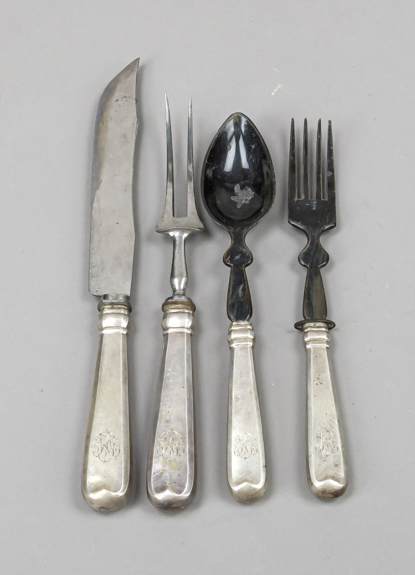 Four serving pieces, 19th century, silver 13 solder (812.5/000), plain form with monogram, 2-piece