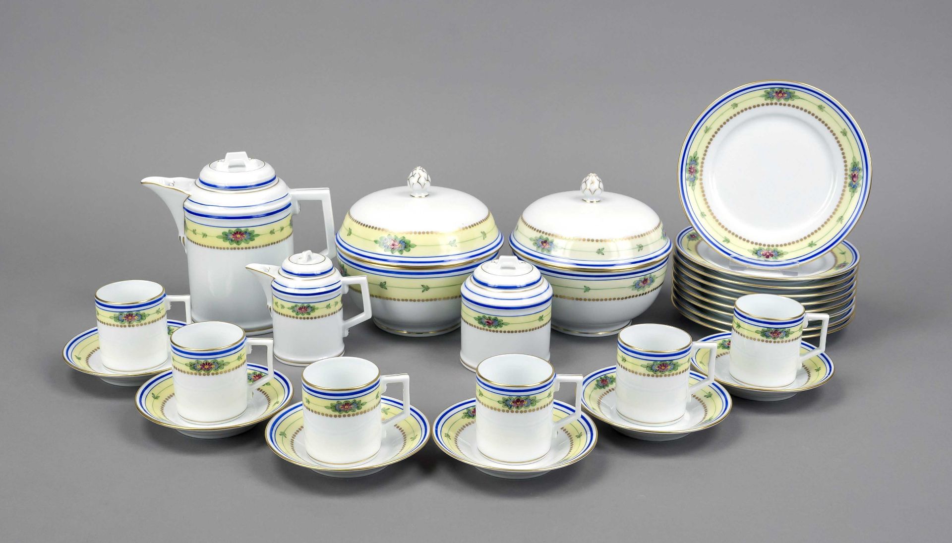 Mocha service for 20 persons, 65-piece, Höchst, 20th century, Empire-style tableware with