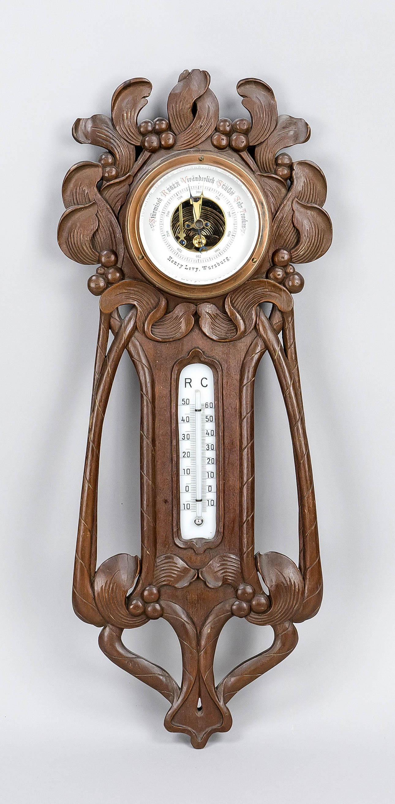 Art Nouveau wall barometer with thermometer, c. 1900, walnut, florally carved, h. 49 cm