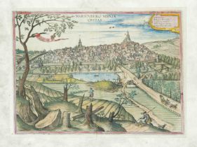 Saxony -- Marienberg (Marienberg Misniae Civitas), bird's eye view, old col. Copper engraving