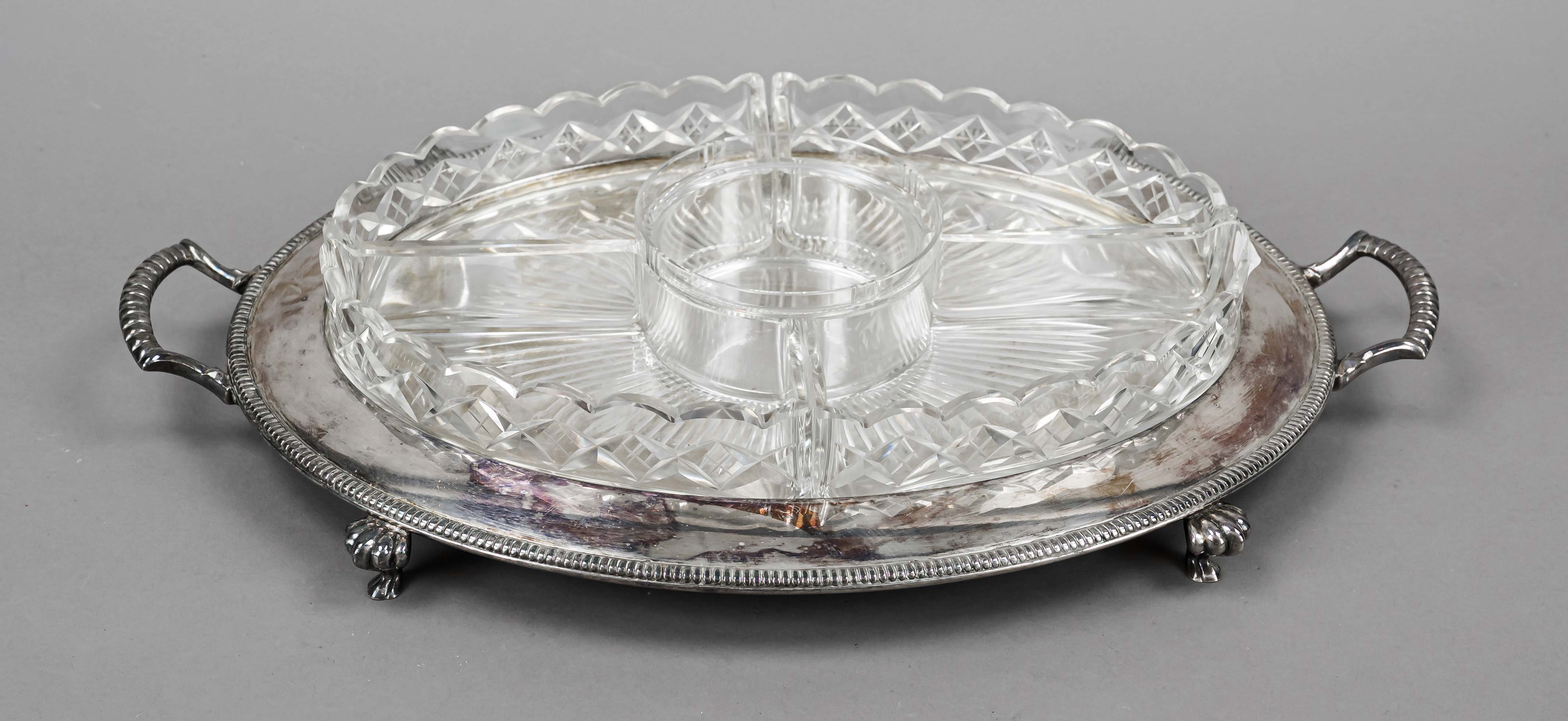 Cabaret, 20th century, plated, oval tray on 4 feet, handles to the sides, relief-decorated rim,