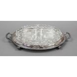 Cabaret, 20th century, plated, oval tray on 4 feet, handles to the sides, relief-decorated rim,