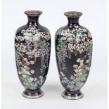 A pair of hexagonal cloisonné vases, Japan c. 1900 (Meiji), floral decoration on a midnight blue