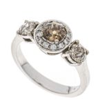 Diamond ring WG 750/000 with one old-cut diamond 0.80 ct fancybrown/SI, 2 old-cut diamonds, totaling