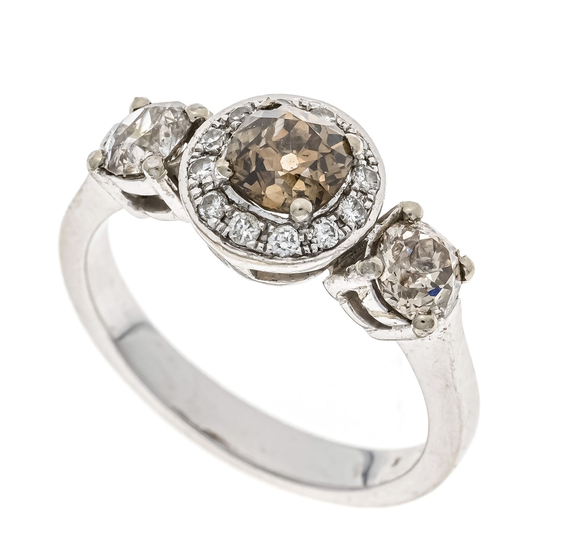 Diamond ring WG 750/000 with one old-cut diamond 0.80 ct fancybrown/SI, 2 old-cut diamonds, totaling
