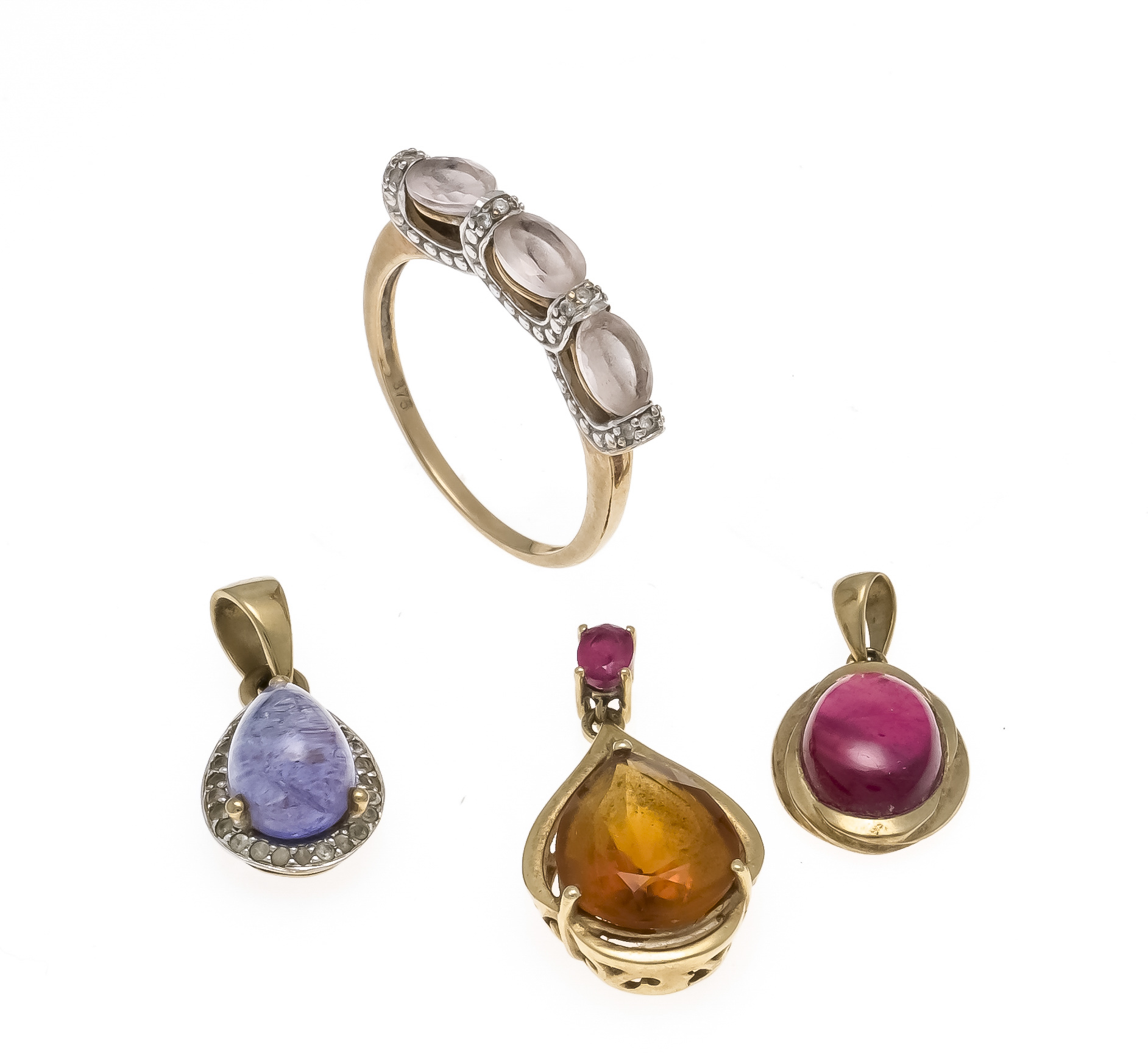 4-piece set GG 375/000 5.7 g and GG 585/000 2.6 g, with differently faceted colored stones 12 - 4