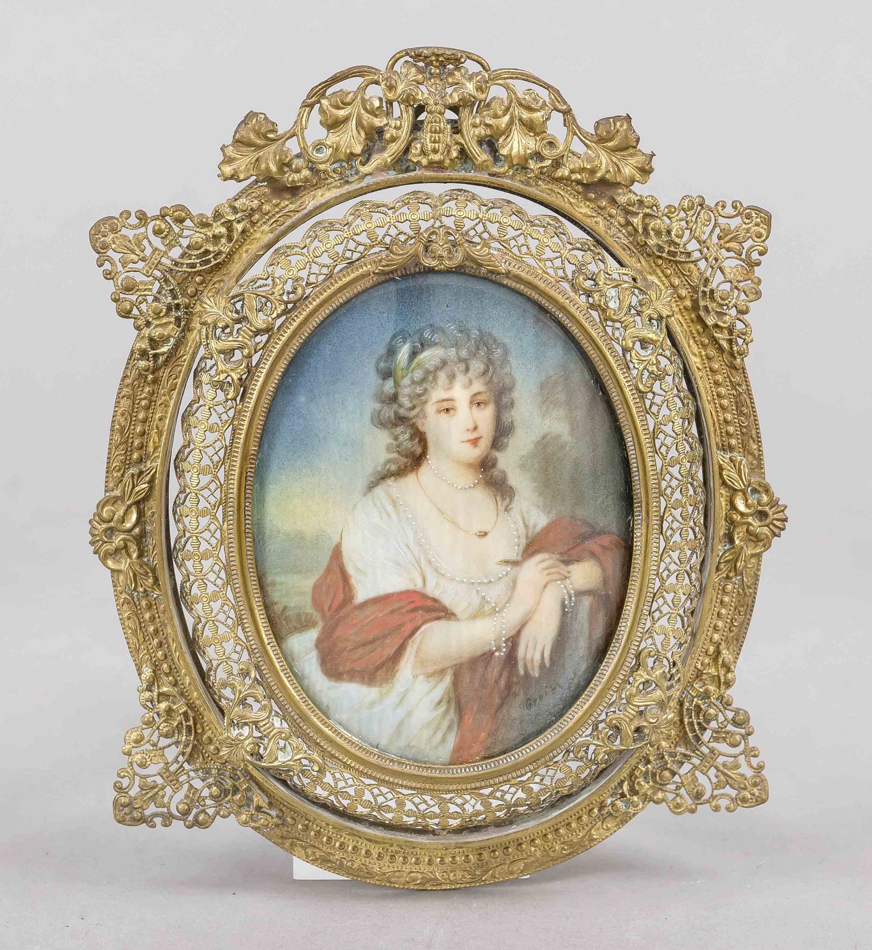 Miniature, 19th century, polychrome tempera painting on bone plate, unopened, oval portrait of a