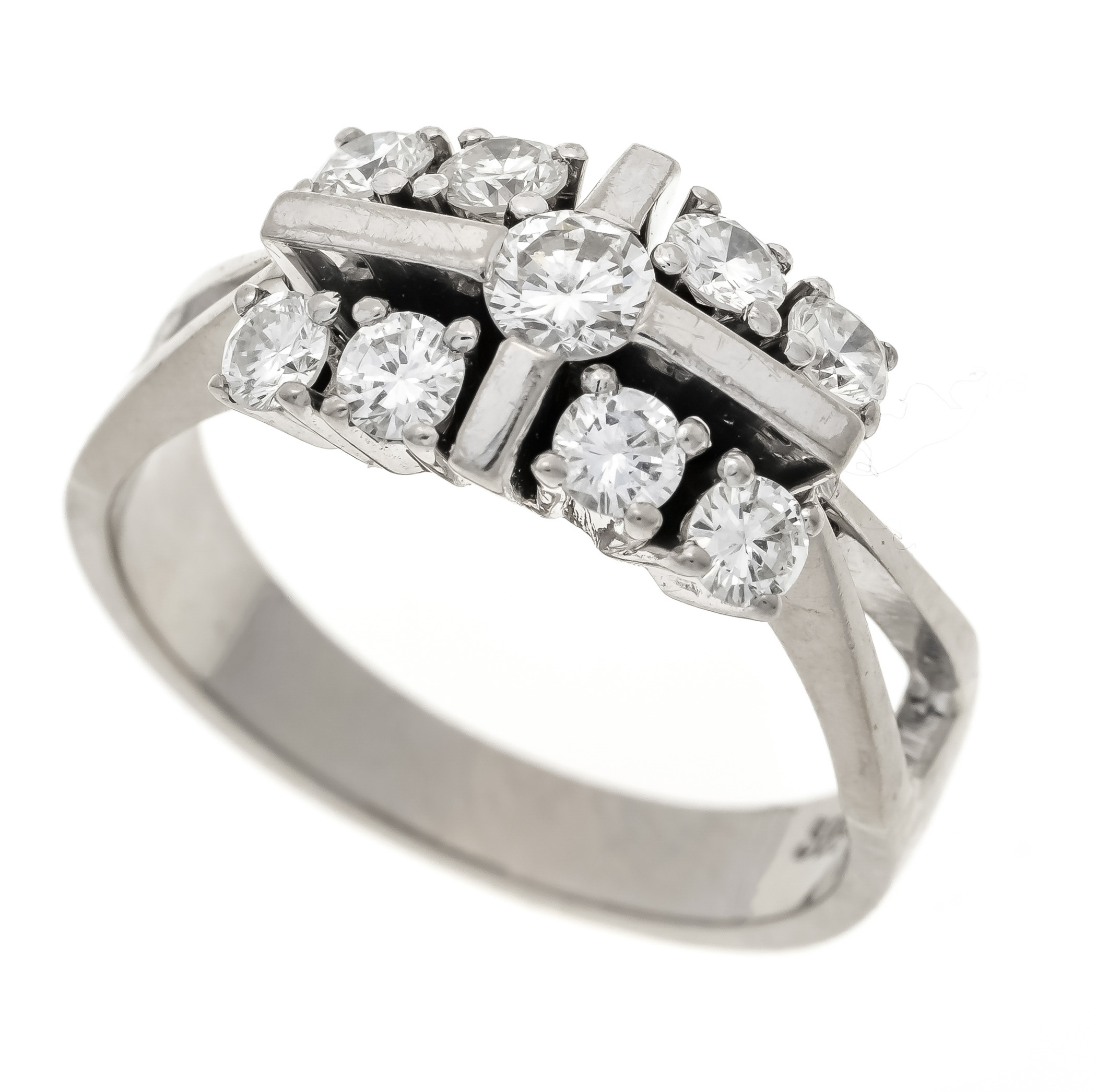 Brilliant ring WG 585/000 with 9 brilliant-cut diamonds, total 0.70 ct W/VS-SI, RG 55, 6.5 g