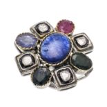 Cocktail ring silver unstamped, partially gold-plated, with genuine colored stones 2 sapphires, 1