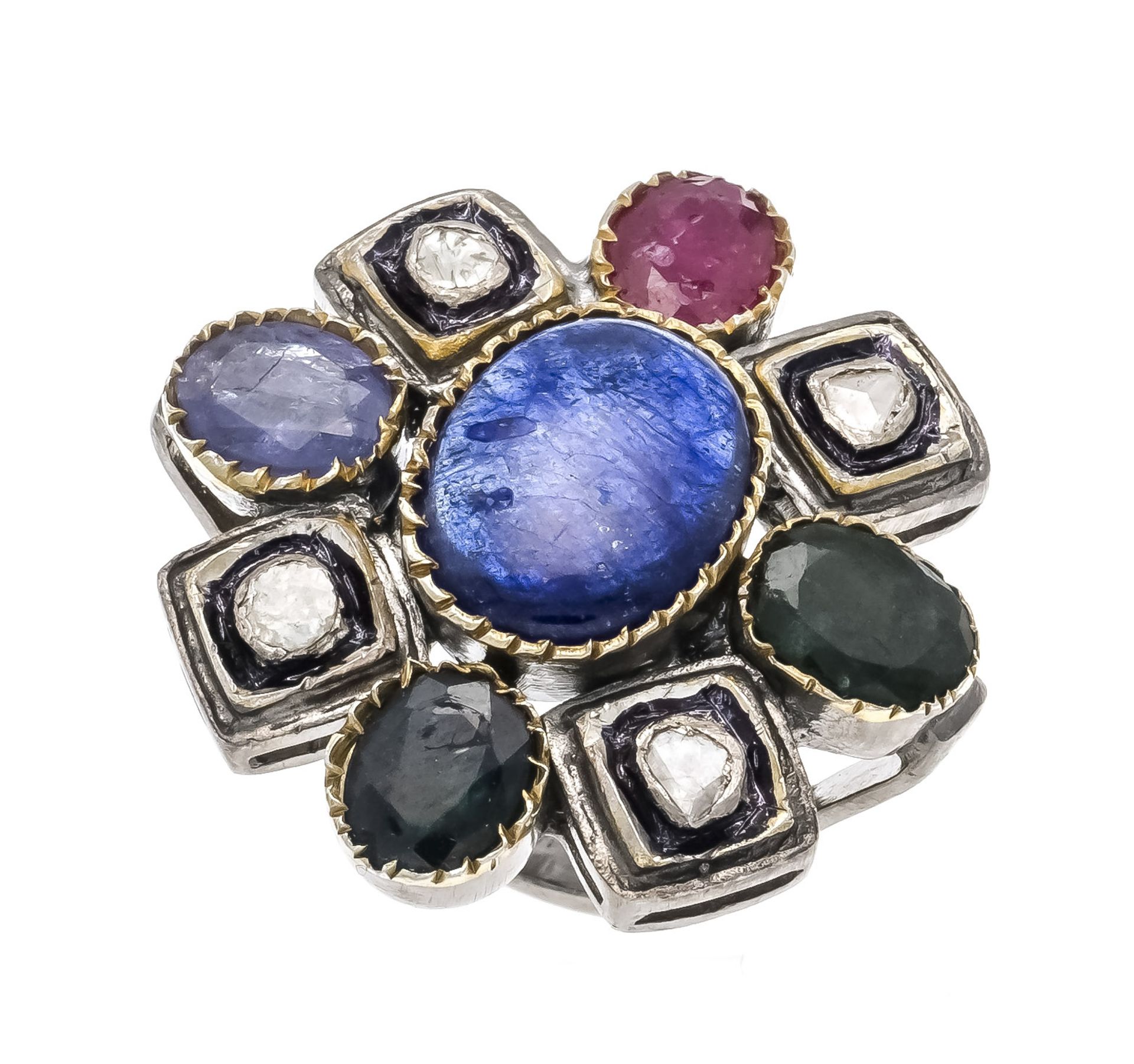 Cocktail ring silver unstamped, partially gold-plated, with genuine colored stones 2 sapphires, 1