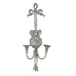 Large pewter sconce, late 19th century, pewter. Bow with putto above a shell. 2 curved candlestick