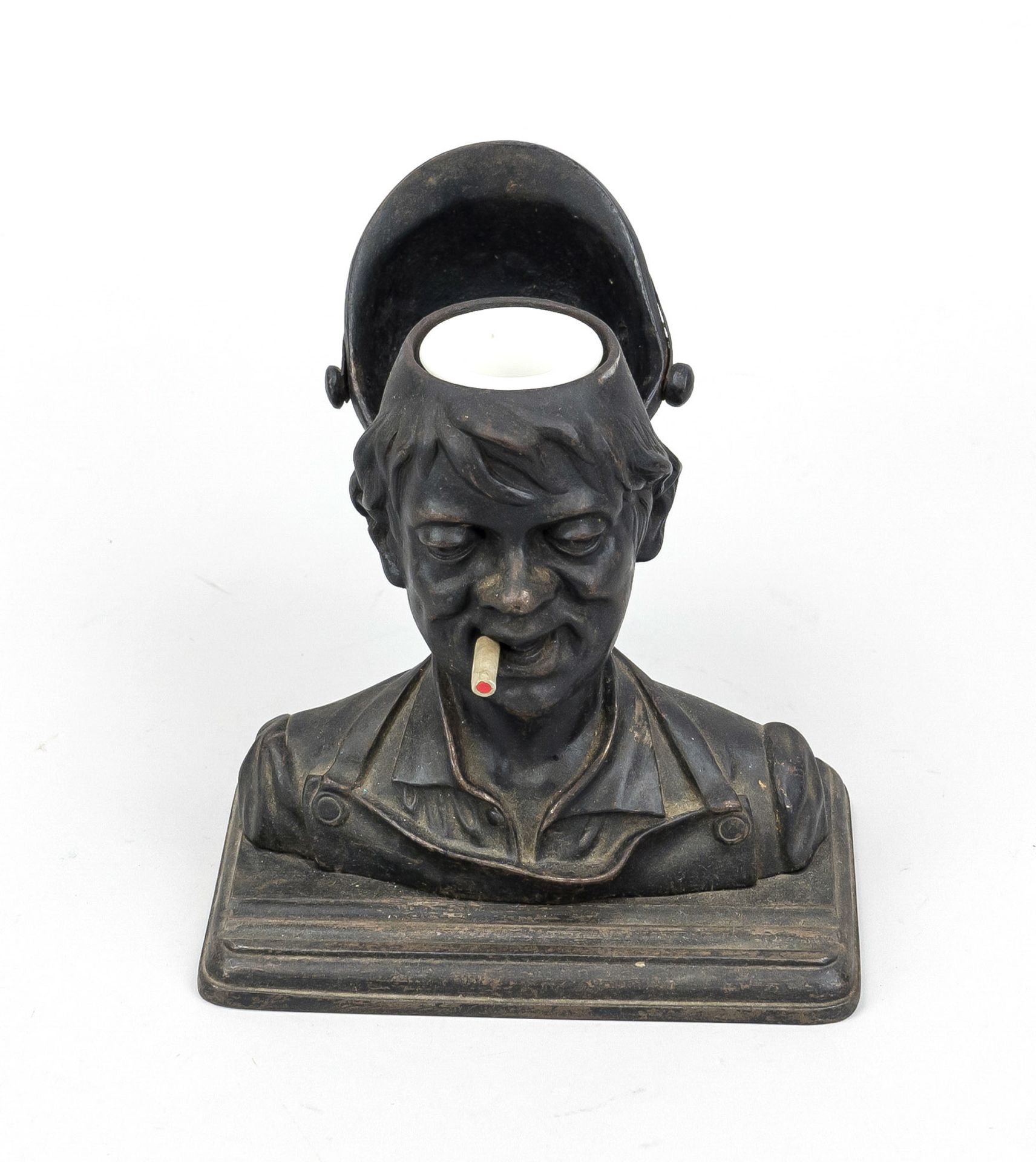 Figural cast iron inkwell, c. 1900, head of a boy with cigarette, hat hinged, underneath an - Image 2 of 2