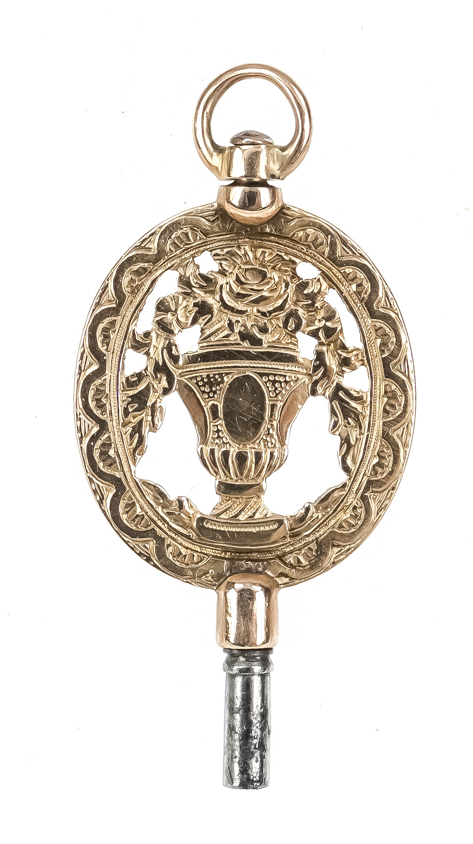 Antique pocket watch key, GG 585/000, 19th century, florally engraved with vase, length approx. 3.