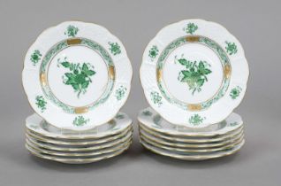 Twelve small plates, Herend, 20th century, Apponyi green decoration, gold staffage, Ø 12.5 cm