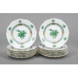 Twelve small plates, Herend, 20th century, Apponyi green decoration, gold staffage, Ø 12.5 cm