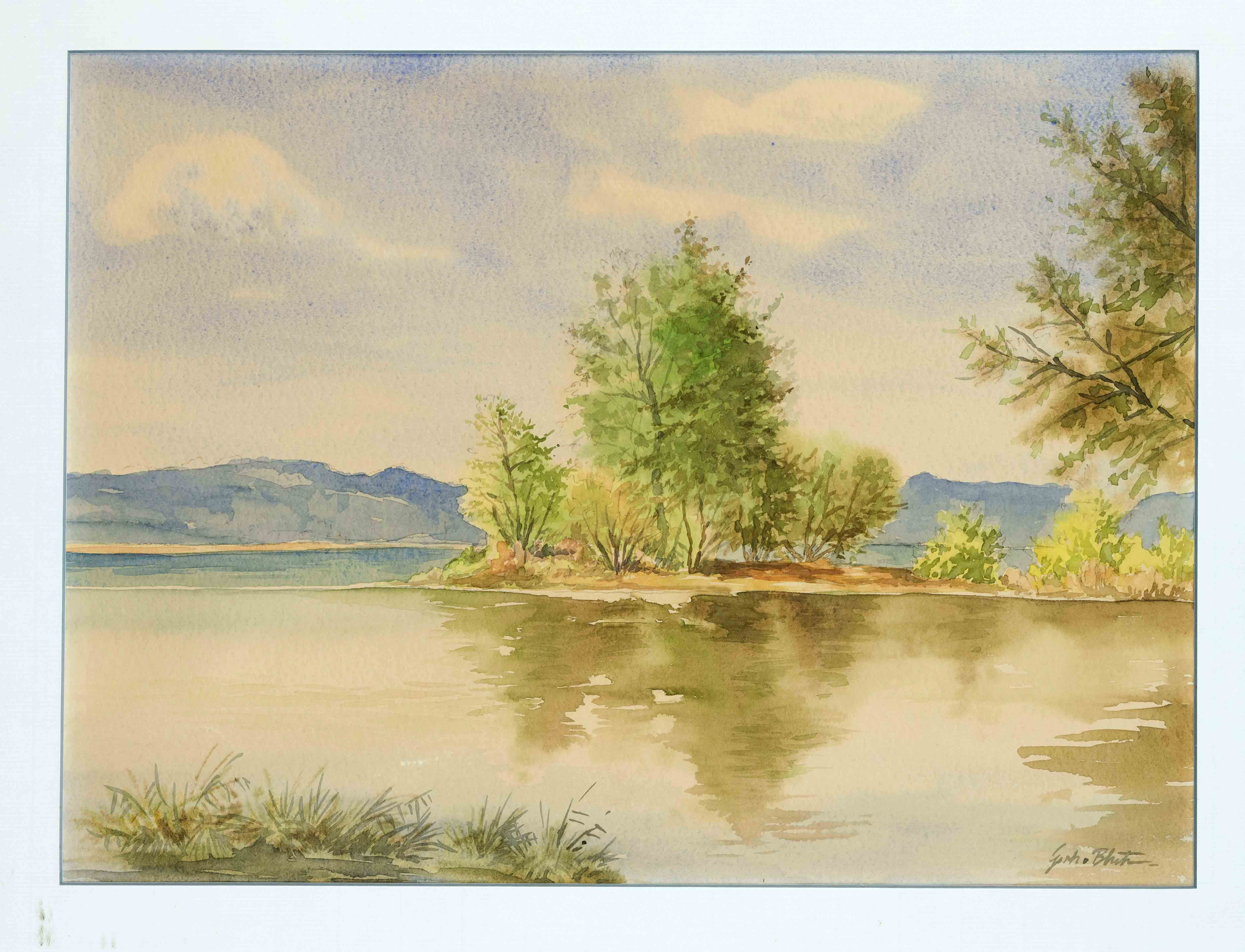 Gerh. Bluth, mid 20th century, Water landscape, watercolor on paper, indistinctly signed ''Gerh.