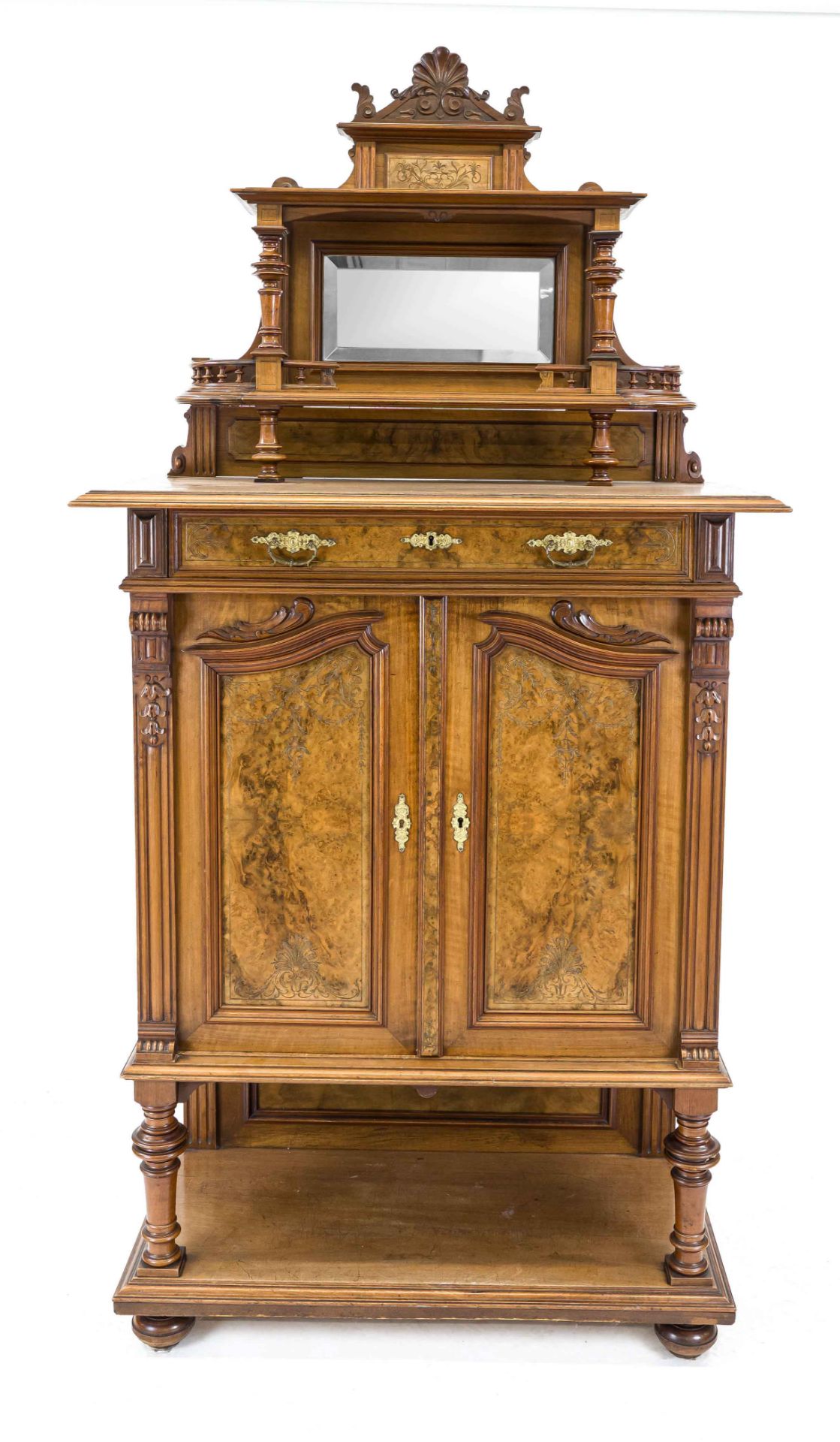 Vertico with mirrored top around 1880, walnut, door panels with fine gilded incised decoration,