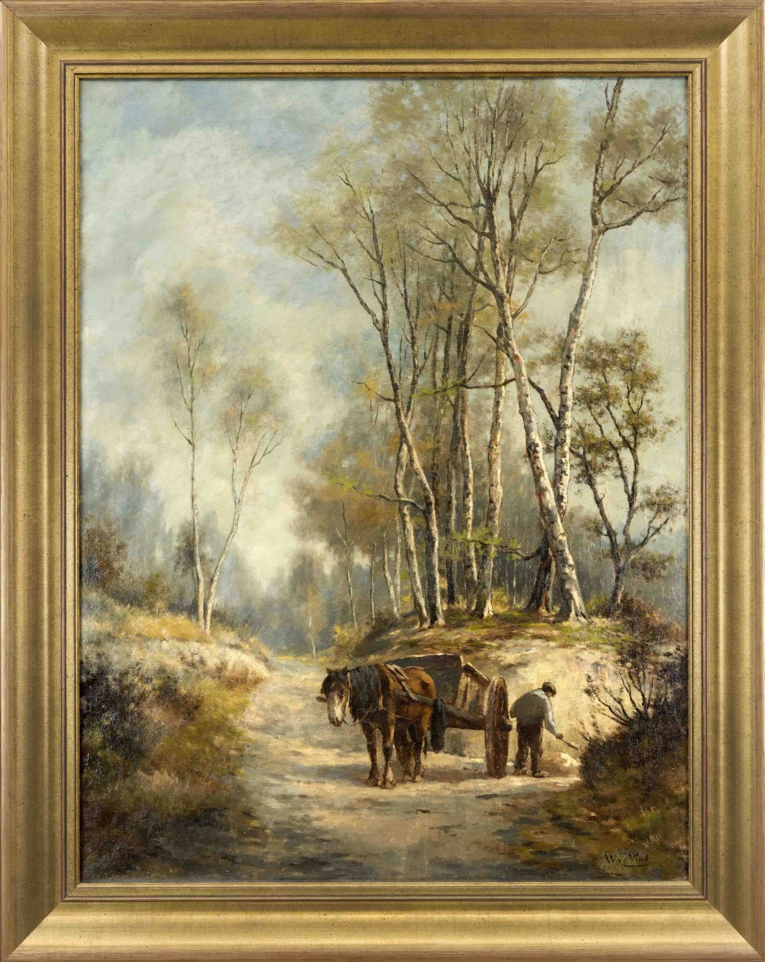 Willem van der Vliet (1856-1924), Dutch painter, Autumnal woodland with wagon loaded with sand,