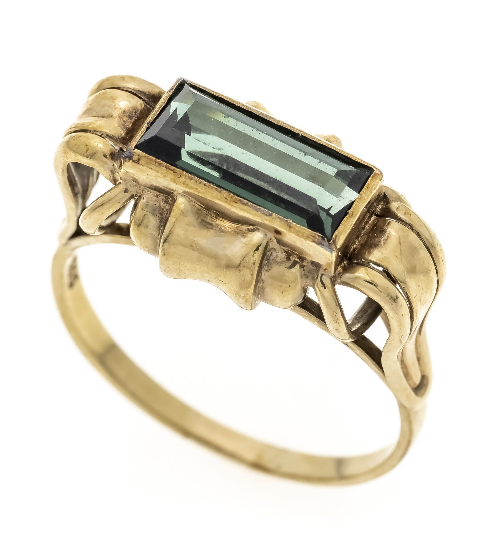 Gemstone ring circa 1930 GG 333/000 with a baguette-shaped faceted synthetic spinel 10.6 x 4.7 mm,