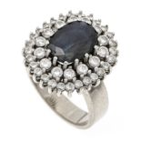 A sapphire and brilliant-cut diamond ring, WG 585/000, with an oval faceted sapphire 1.96 ct dark