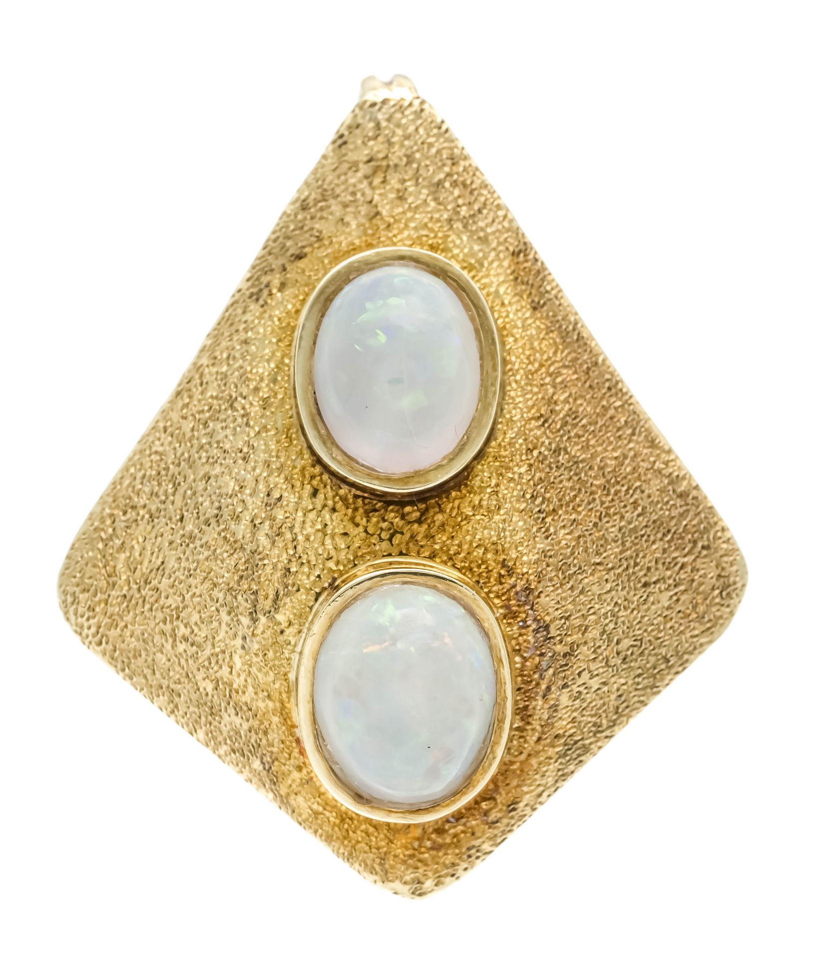 Opal shield pendant GG 585/000 matted, with 2 oval milk opal cabochons 6.4 x 5.2 -3.3 mm with good