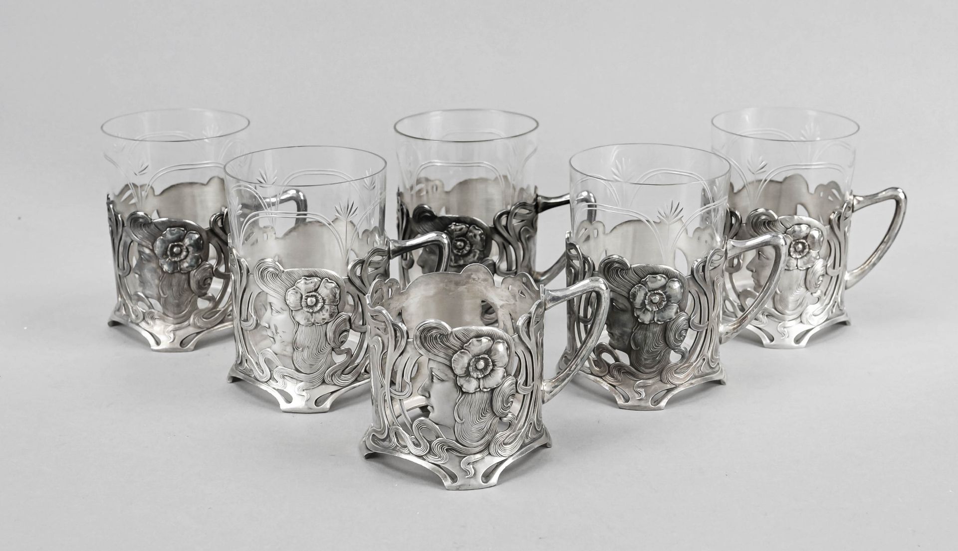 Six Art Nouveau tea glass holders, German, c. 1900, maker's mark WMF, Geislingen, ostrich mark,