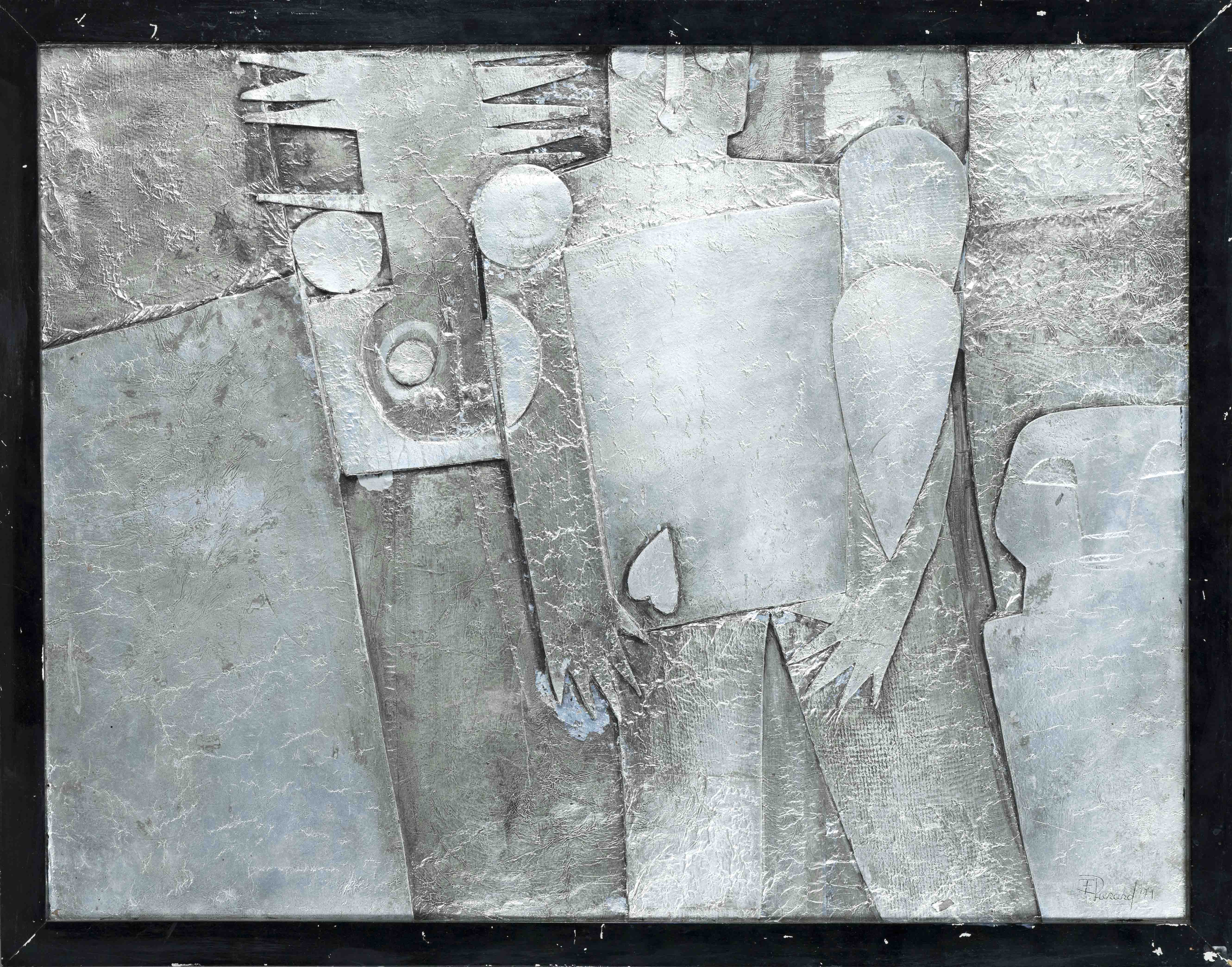 F. Pierard, artist c. 1970, abstract figurative relief in landscape format, aluminum foil over cut