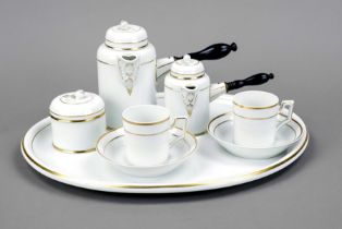 Tête-à-tête, 8-piece, Fürstenberg, 1950s-80s, plain classic form in white with gold rim, jug. Form