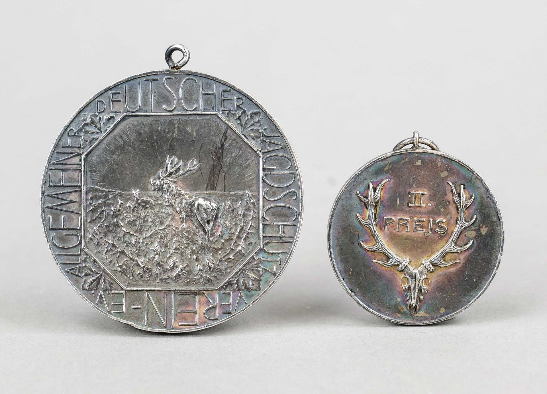 2 Berlin hunting medals, 1930s, silver sieves One from ''Allgemeiner Deutscher Jagdschutzverein