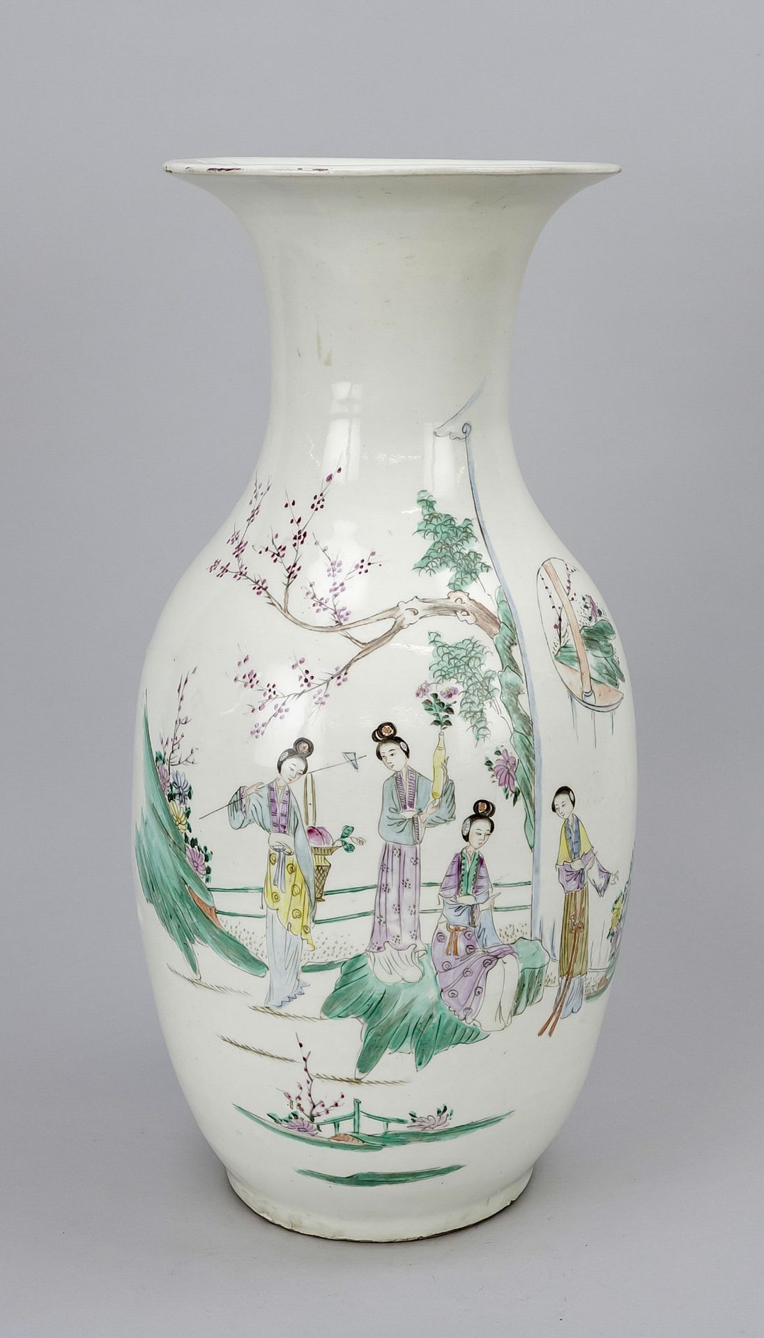 Famille Rose baluster vase, China, Republic period. Multi-figure garden scene and poetry