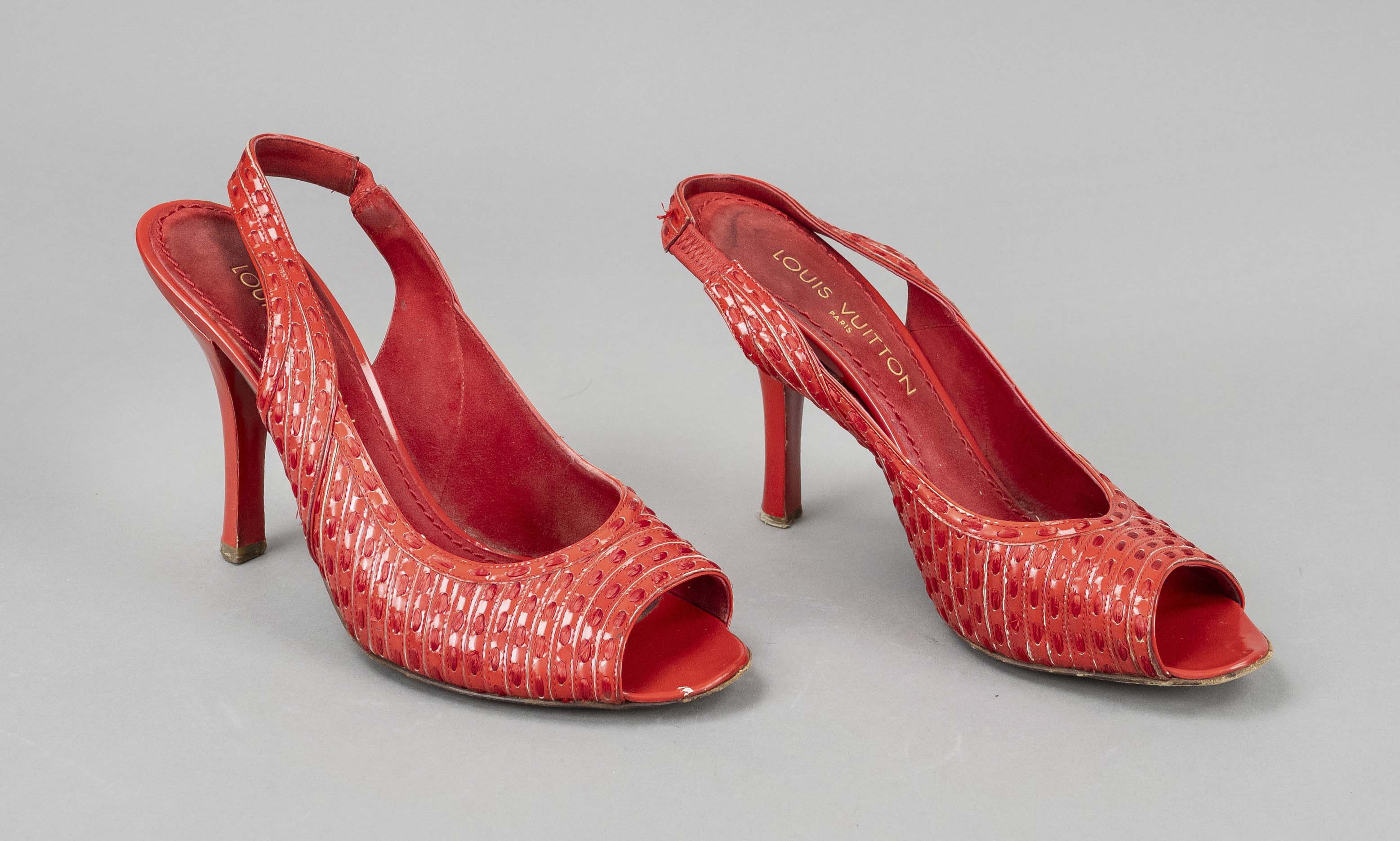 Louis Vuitton, sling peep-toes, signal red patent leather with decorative stitching in the same