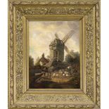 Anonymous 19th century painter, Landscape with windmill and staffage, oil on wood, unsigned, three