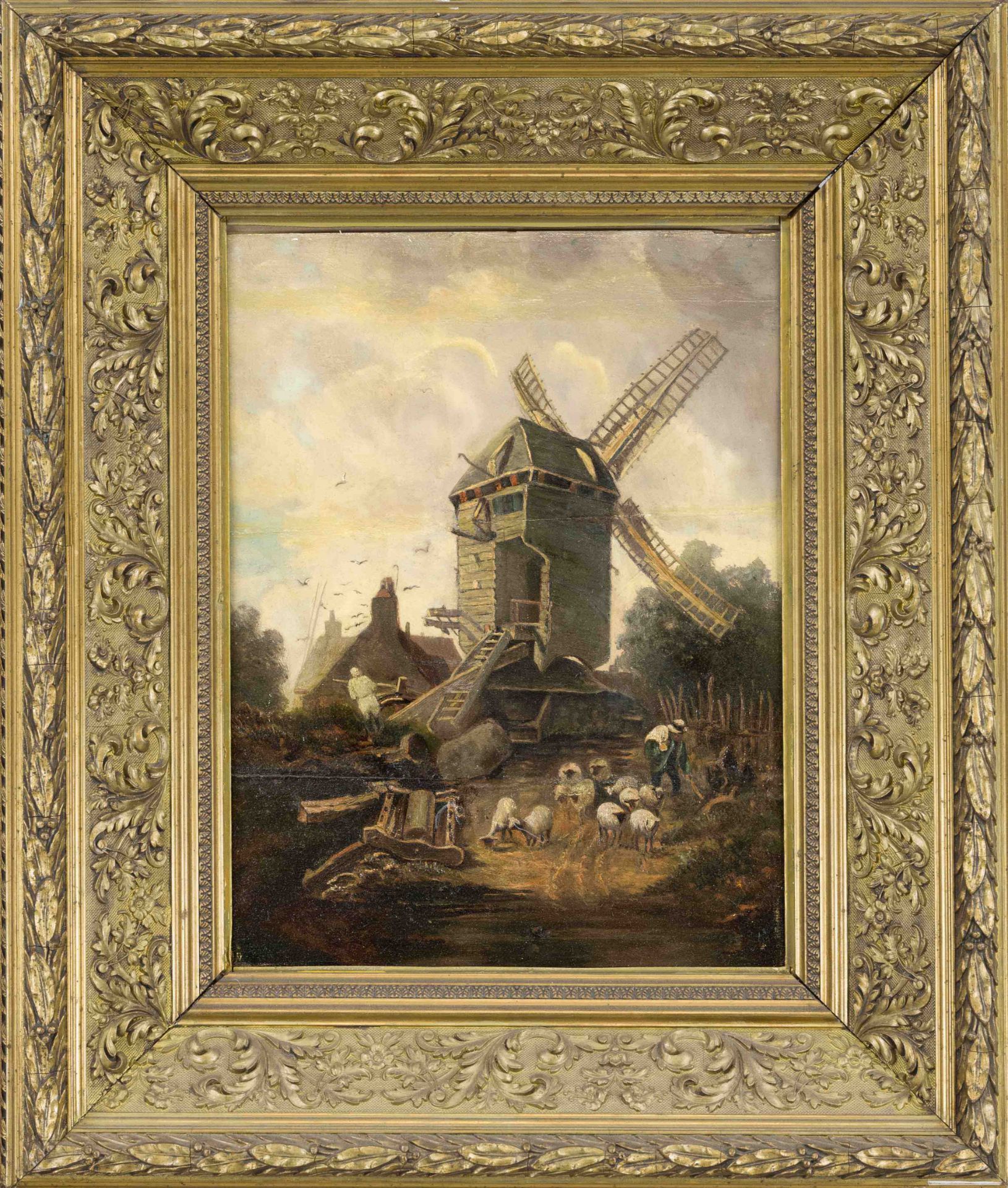 Anonymous 19th century painter, Landscape with windmill and staffage, oil on wood, unsigned, three