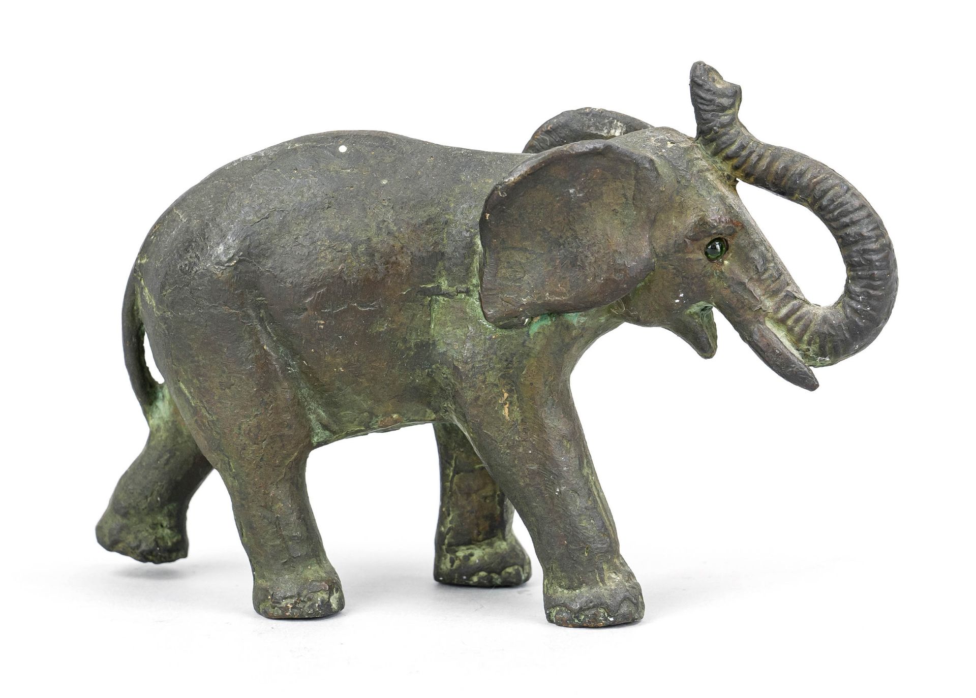 Bronze elephant with glass eyes, 20th century, inscribed ''Mexico'' on the underside, l. 13.5 cm