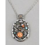 Pendant, 20th century, silver tested, set with coral and turquoise, l. 4.5 cm, with chain, silver