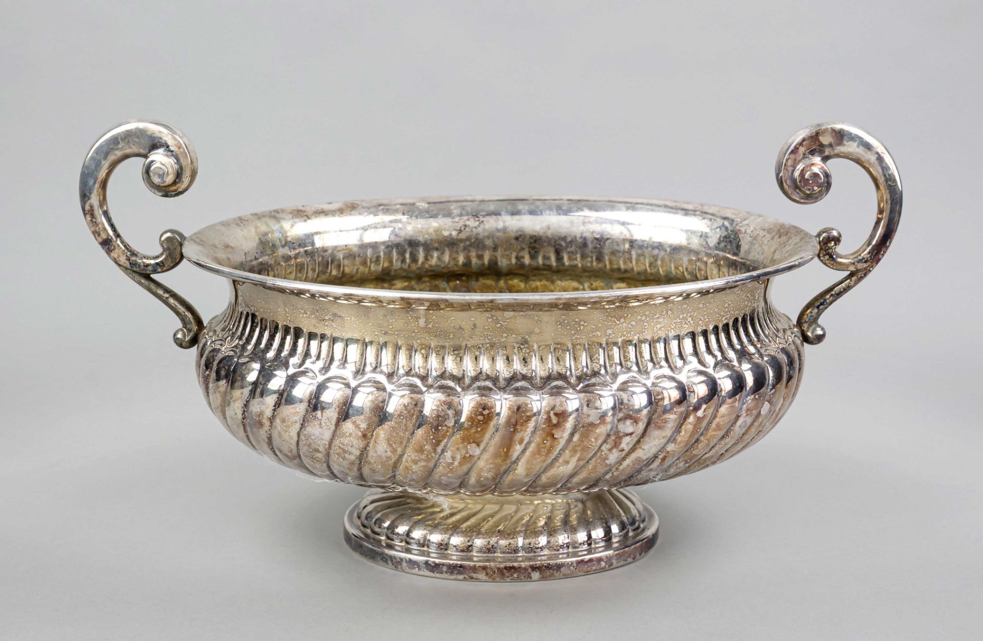 Large oval footed dish, Italy, 20th century, marked Olri, plated, on an oval, domed stand, bulbous