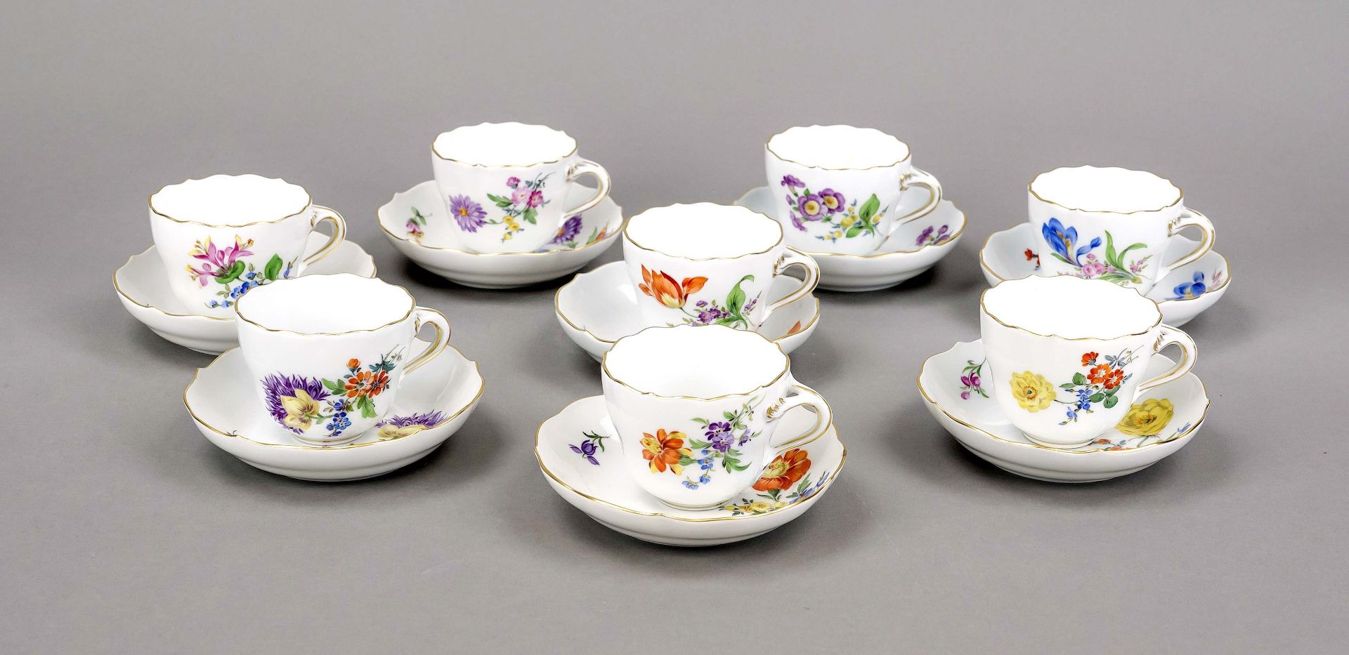 Eight demitasse cups with saucer, Meissen, post-1950, 1st and 2nd century, new cut-out shape,