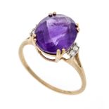 Amethyst ring GG/WG 375/000 with an oval cushion-cut faceted amethyst 13 x 11 mm and 4 white round