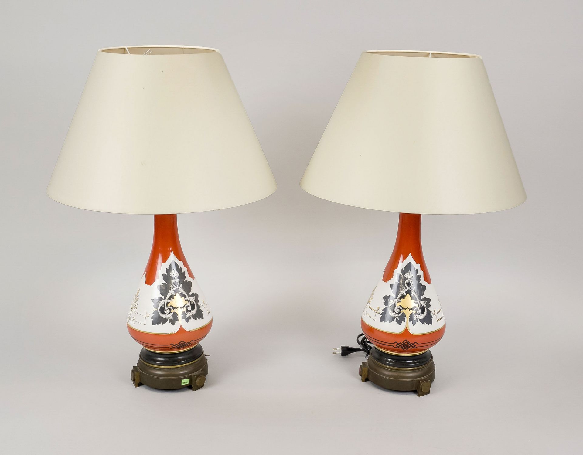 Pair of vase lamps, early 20th century Long-necked vases with various palmettes against an orange - Image 2 of 2