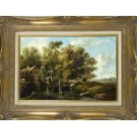 19th century landscape painter, Summer forest scene with pond and angler, oil on canvas, unsigned,