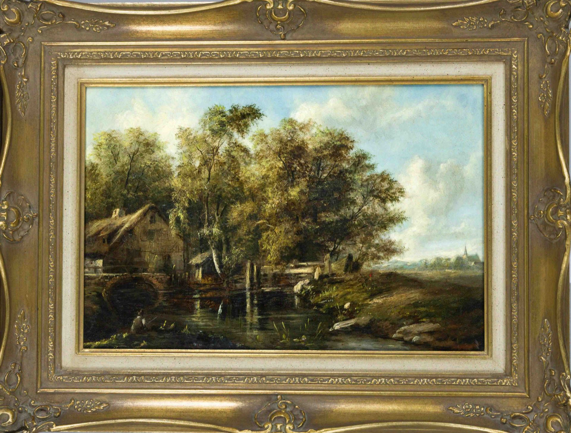 19th century landscape painter, Summer forest scene with pond and angler, oil on canvas, unsigned,