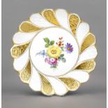 A fan-shaped platter, Meissen, Knauff Schwerter 1850-1924, 1st choice, model no. T51, polychrome