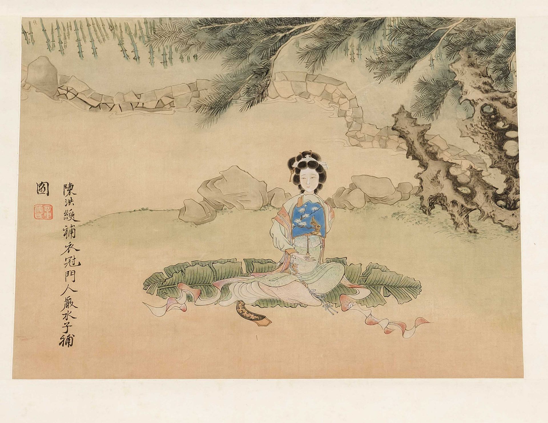 Scroll painting, China 20th century, polychrome, light colors and ink on silk. Resting beauty,
