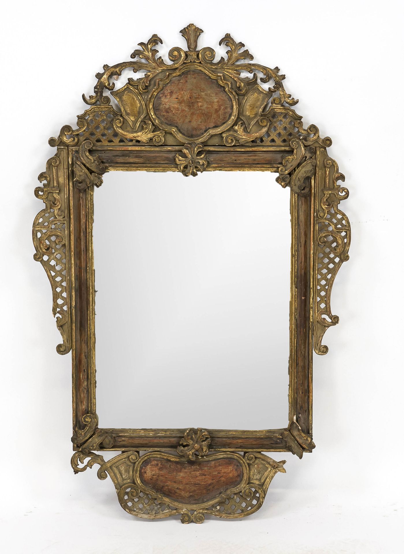 Baroque mirror, 18th century, open-worked wooden frame with lattice rocailles, foliage and