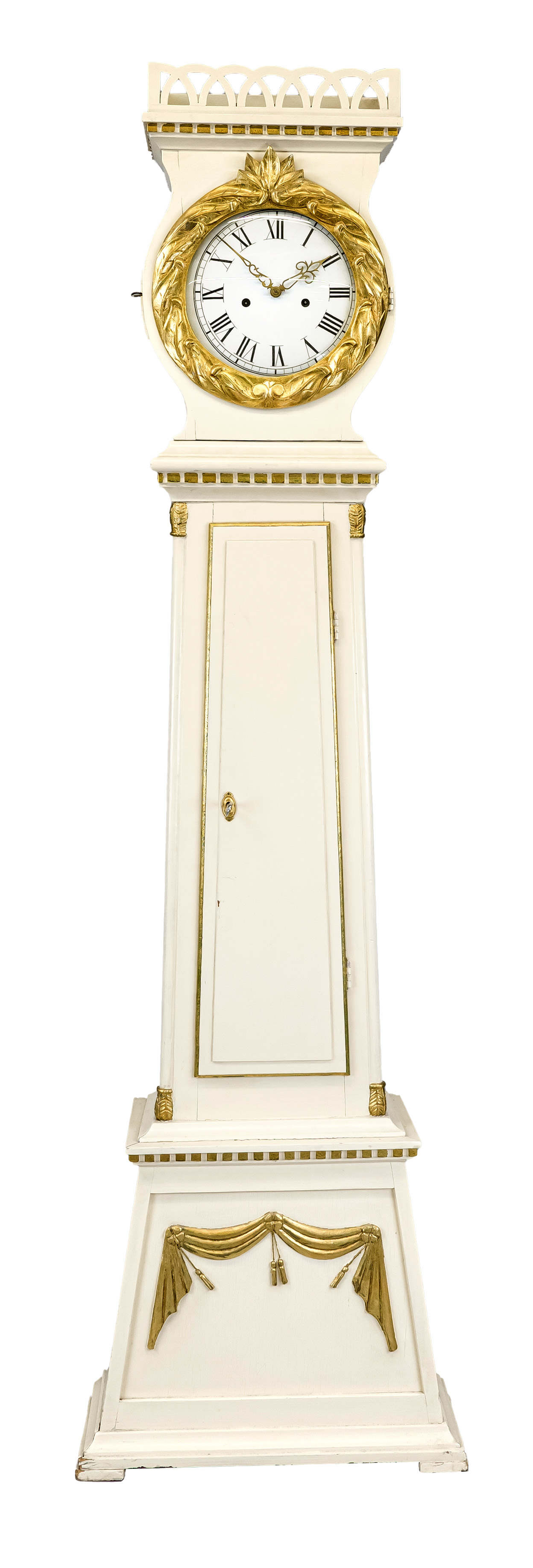 19th century grandfather clock, white lacquered and partly gilded, the head with a wreath in the