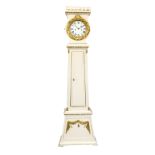 19th century grandfather clock, white lacquered and partly gilded, the head with a wreath in the