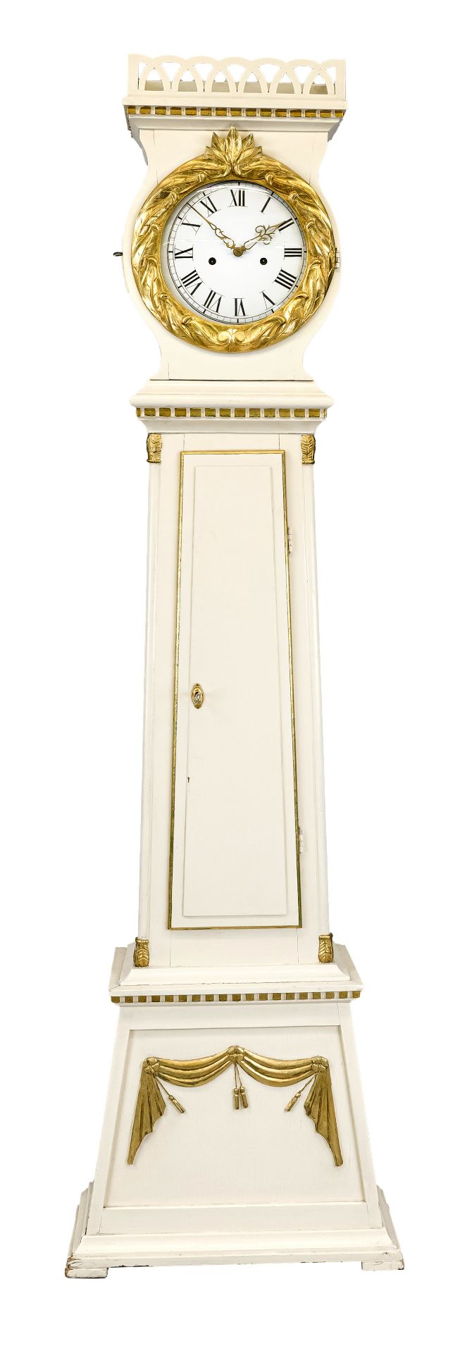 19th century grandfather clock, white lacquered and partly gilded, the head with a wreath in the