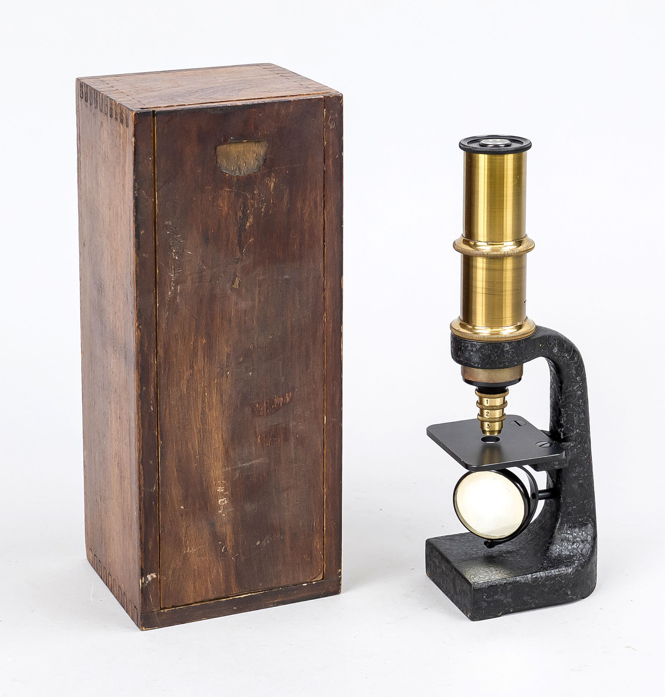 Traveling microscope, probably late 19th century, unmarked. In matching box of dark stained wood