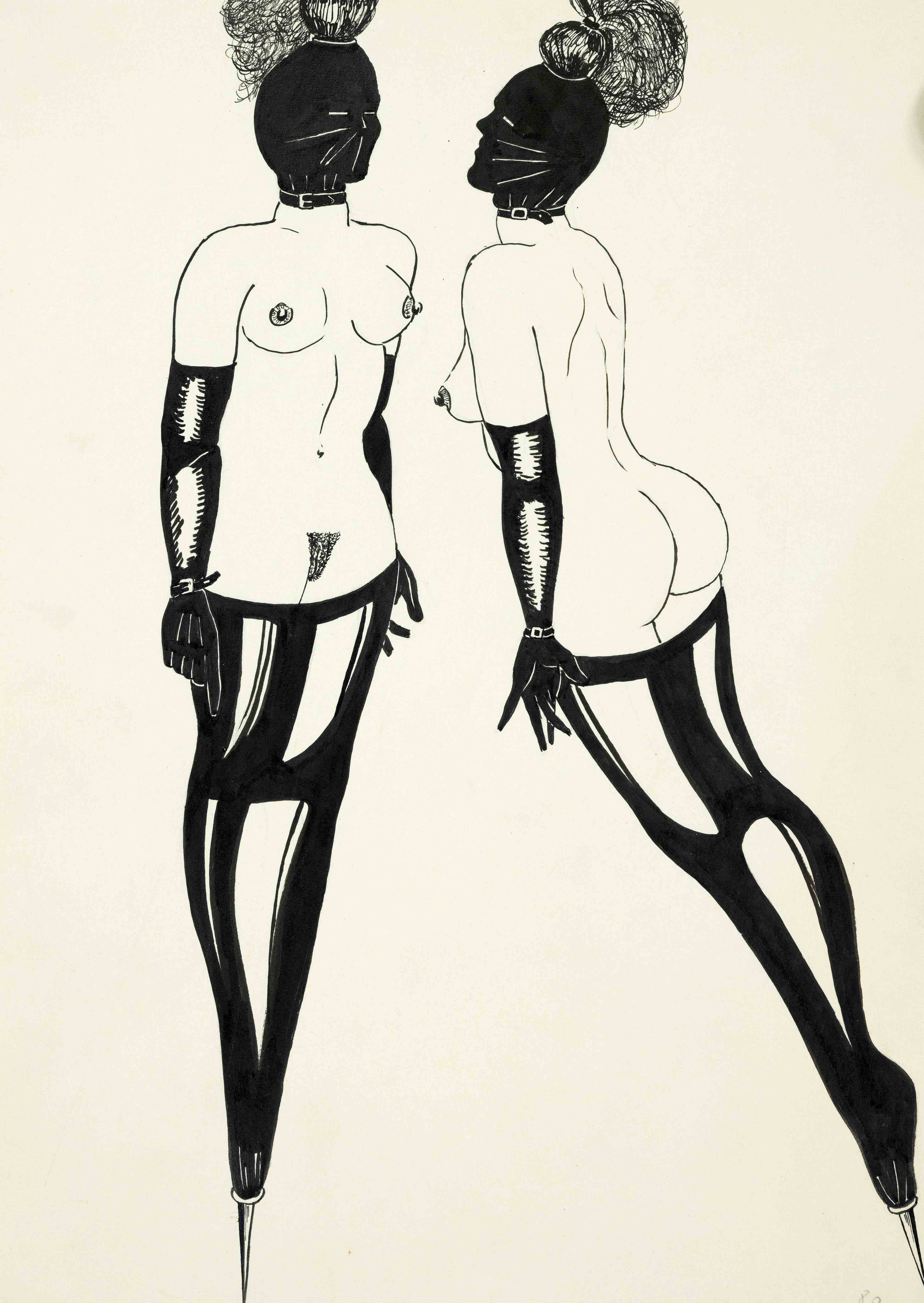 Erotica -- anonymous artist c. 1970, three explicitly erotic drawings with dominatrix and SM motifs,