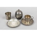 Mixed lot of five pieces, 19th/20th century, various makers, hallmarked silver, conical mug with